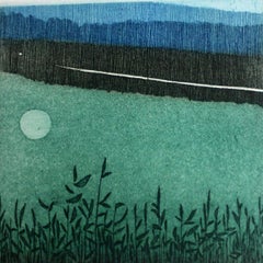 Reeds II - XX Century, Contemporary Landscape Etching, Blue Green and Black