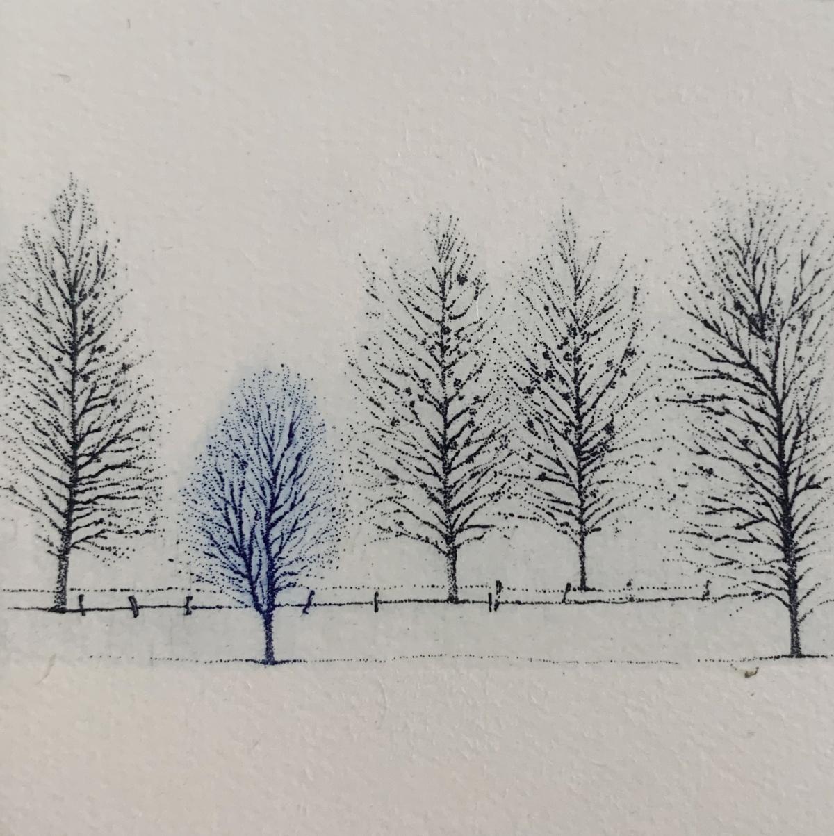 Rythm VIII, Landscape figurative print, Miniature, Trees, Polish artist