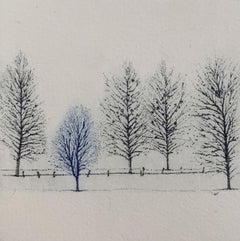 Rythm VIII, Landscape figurative print, Miniature, Trees, Polish artist
