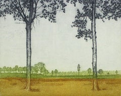 September - XX Century, Contemporary Landscape Etching, Rural View, Warm Tones