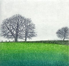 Silence 2. Landscape figurative print, Miniature, Trees, Polish artist