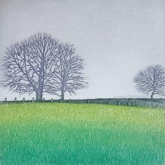 Silence 2. Landscape figurative print, Miniature, Trees, Polish artist