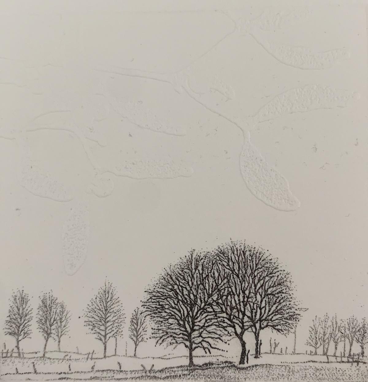 Two Trees, Landscape figurative print, Miniature, Trees, Polish artist