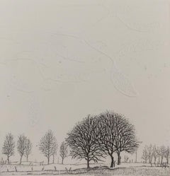 Two Trees, Landscape figurative print, Miniature, Trees, Polish artist