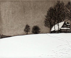 Under a mountain - XXI century, Landscape figurative print, Black and white
