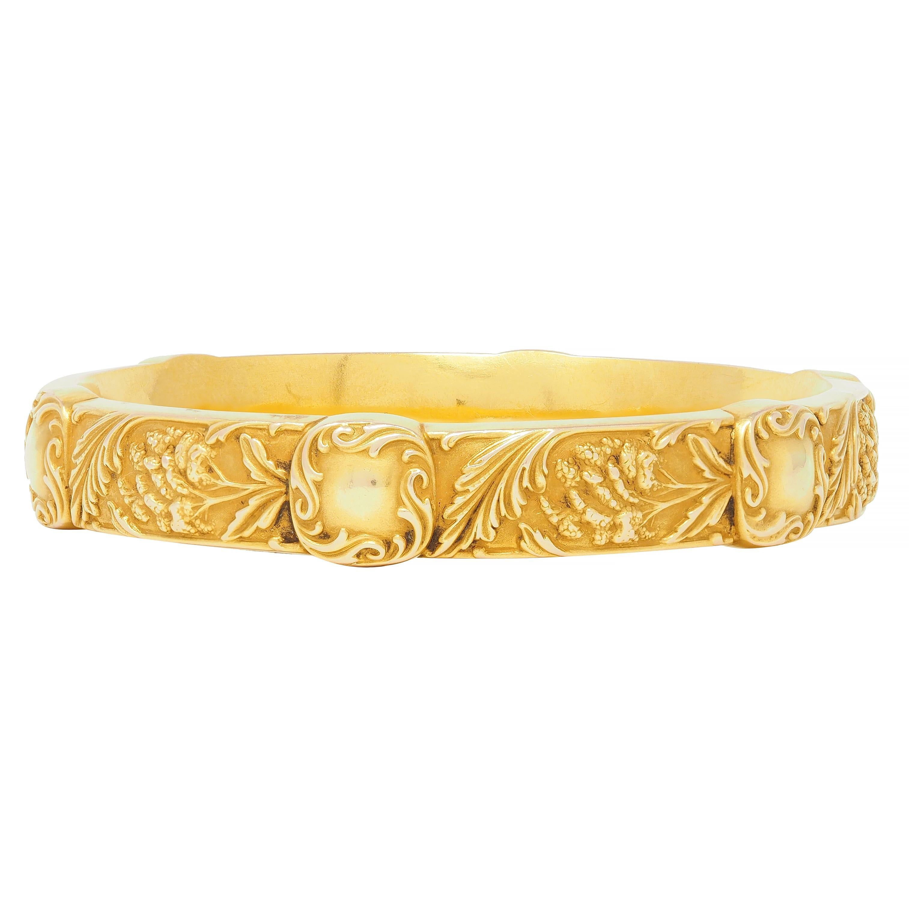 E.M. Gattle & Co. Art Nouveau 14 Karat Gold Amaranth Antique Bangle Bracelet In Excellent Condition For Sale In Philadelphia, PA