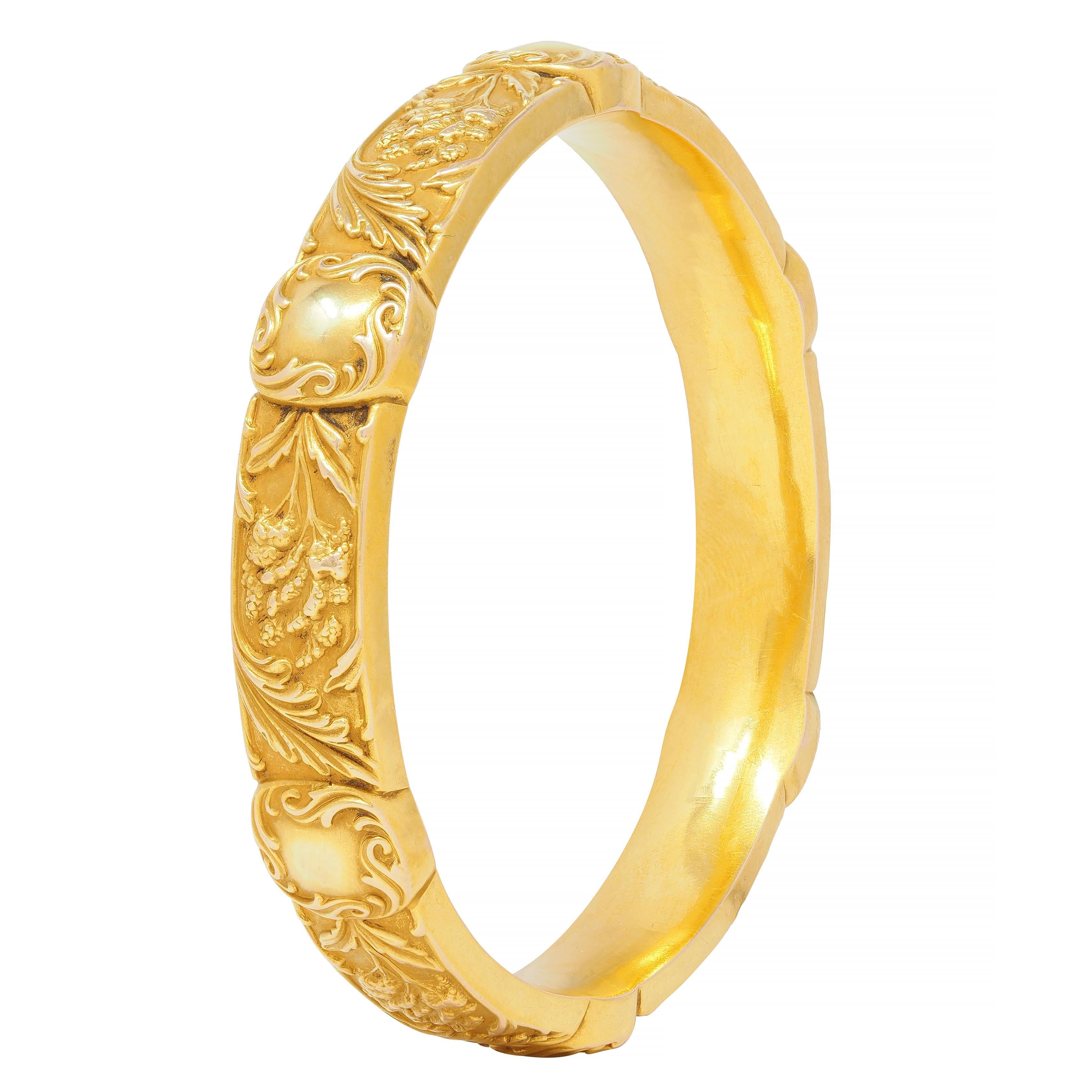 E.M. Gattle & Co. Art Nouveau 14 Karat Gold Amaranth Antique Bangle Bracelet For Sale 1