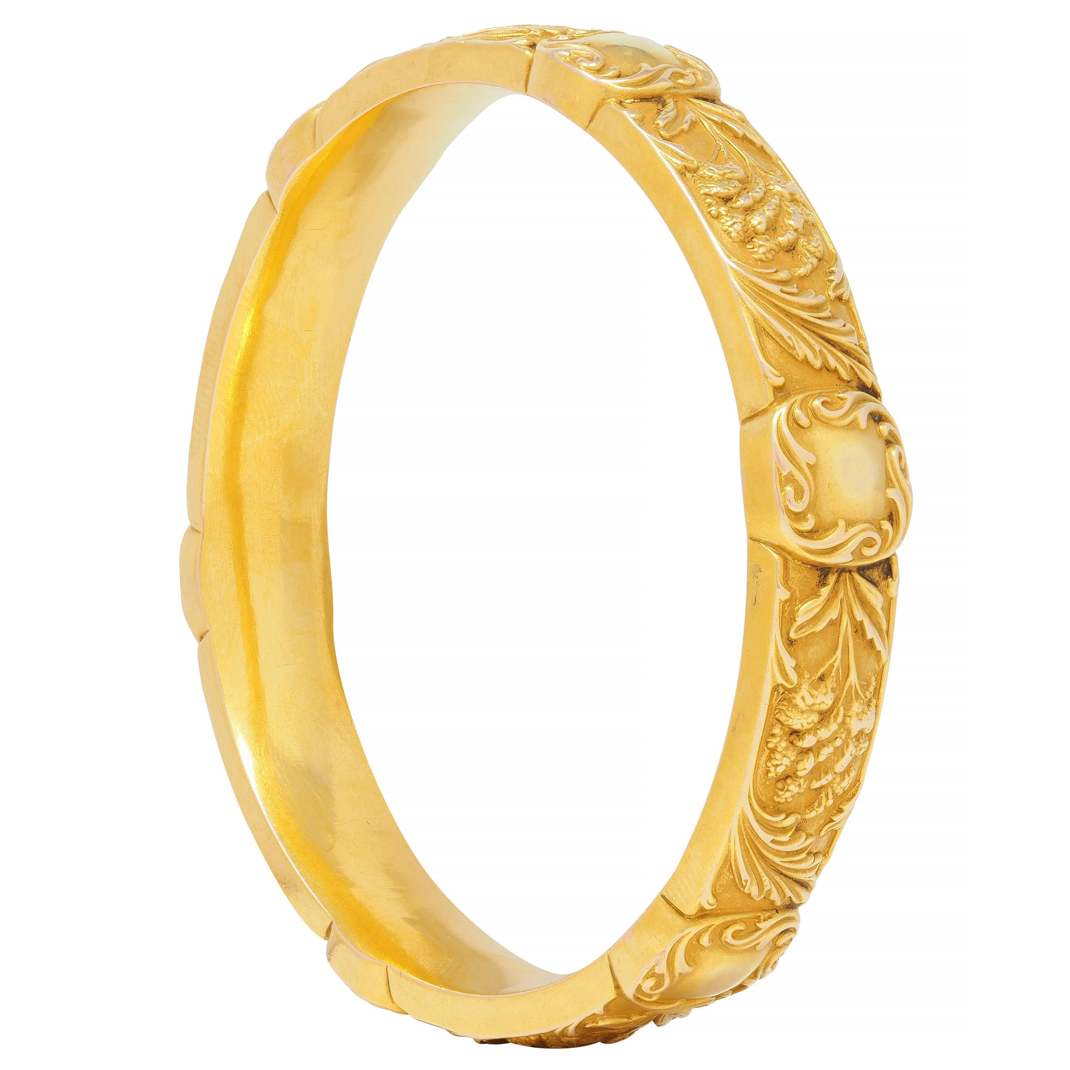 E.M. Gattle & Co. Art Nouveau 14 Karat Gold Amaranth Antique Bangle Bracelet For Sale 3