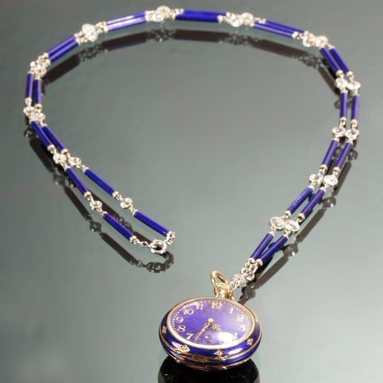 E.M. GATTLE  Plat. Enamel Diamond Chain 18kYG Blue Enamel Pocket Watch Pendant For Sale 3
