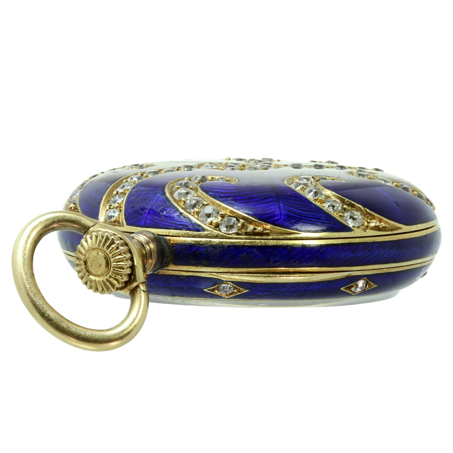 E.M. GATTLE  Plat. Enamel Diamond Chain 18kYG Blue Enamel Pocket Watch Pendant In Good Condition For Sale In New York, NY