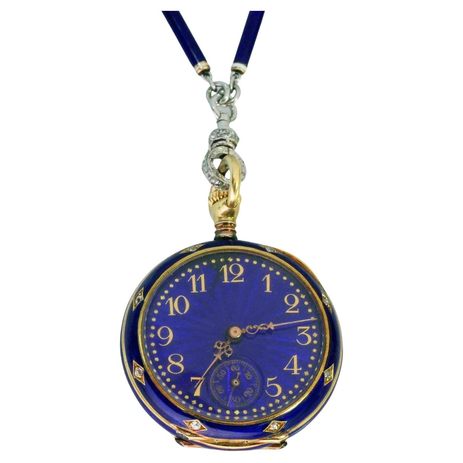 E.M. GATTLE  Plat. Enamel Diamond Chain 18kYG Blue Enamel Pocket Watch Pendant For Sale