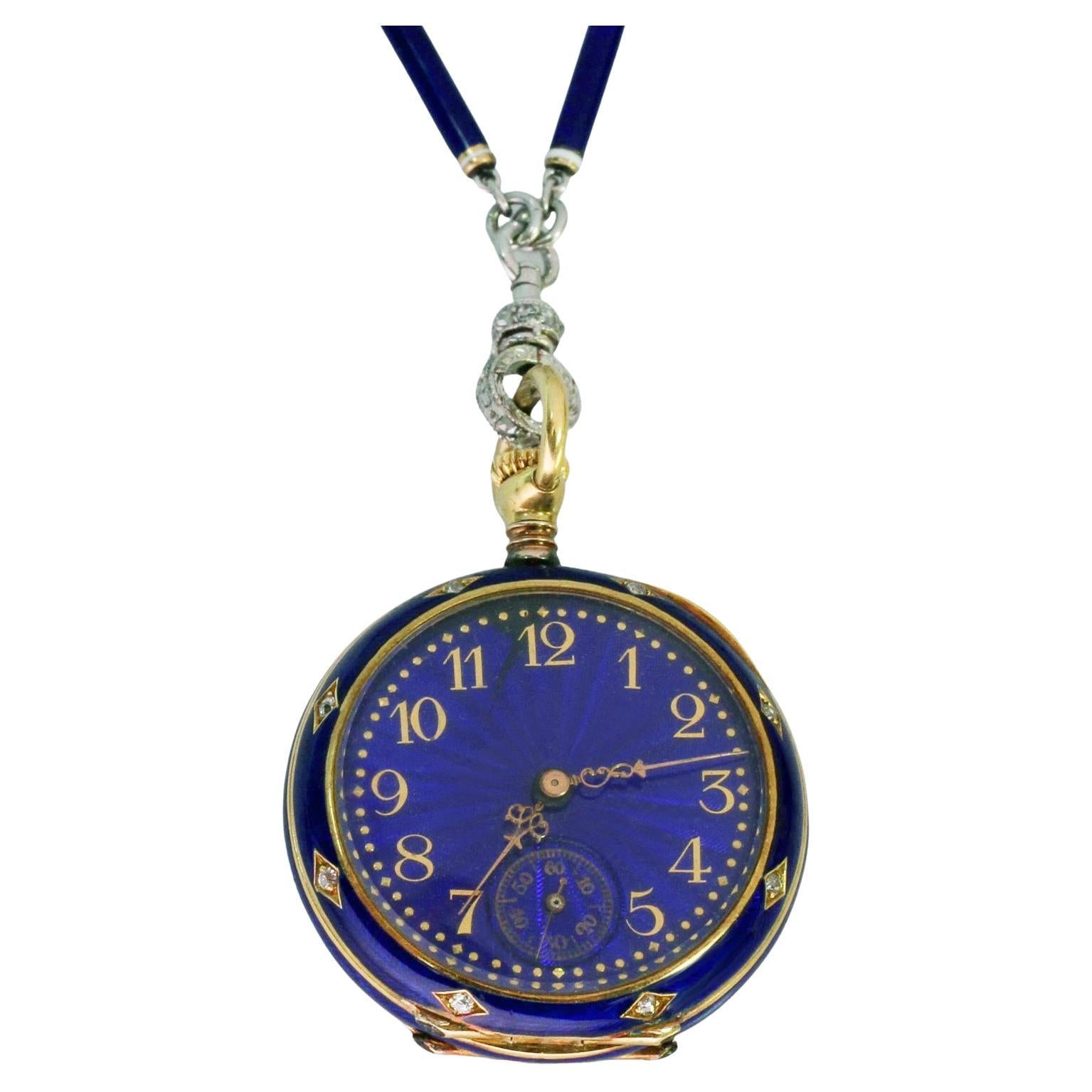 E. A. M. GATTLE  Plat. Colgante de reloj de bolsillo esmaltado 18kYG con cadena de diamantes y esmalte azul