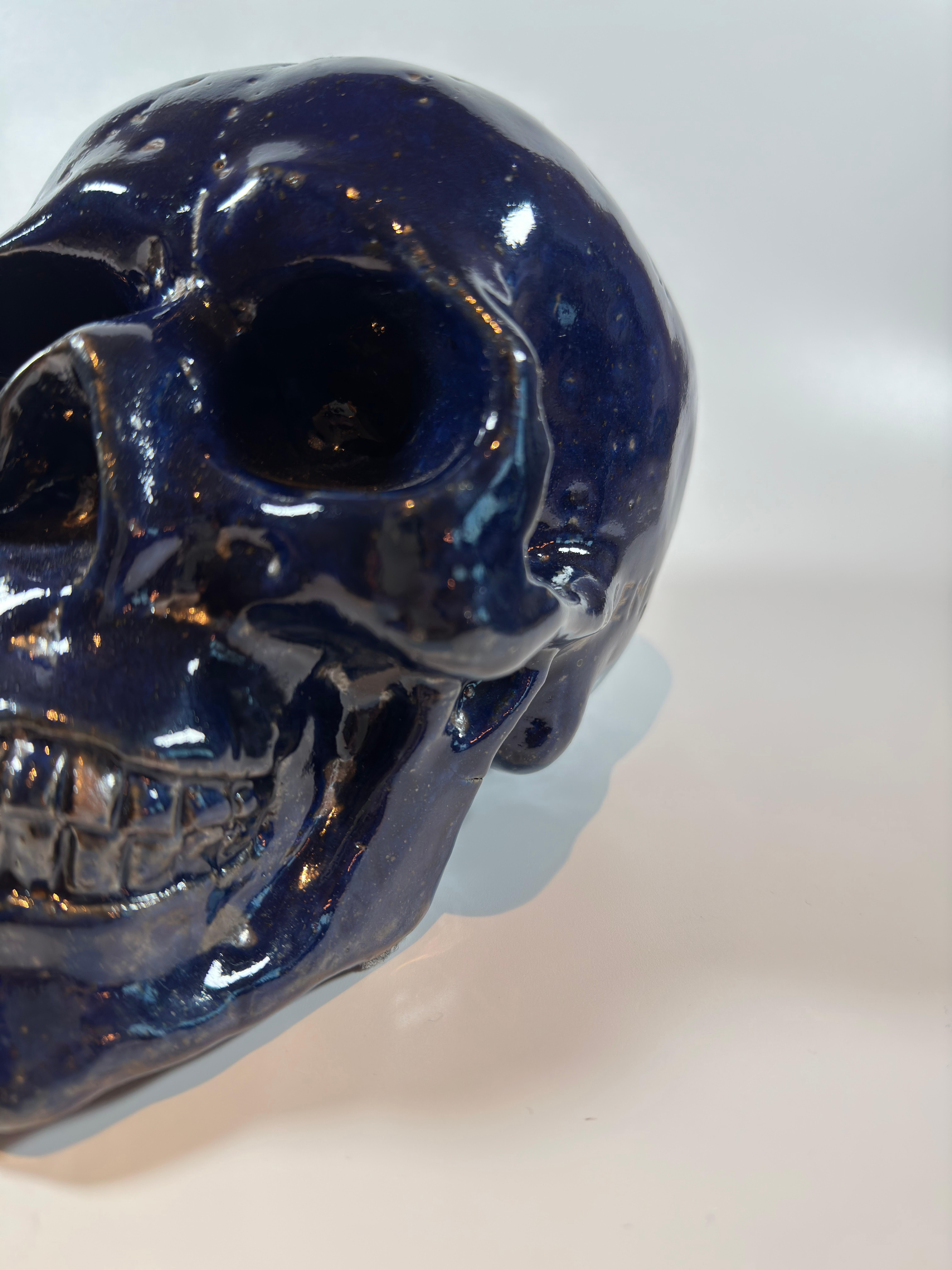 Other E.M - Modern, Cast Metal Skull, Sculpture, Blue Glazed Finished - Memento Mori