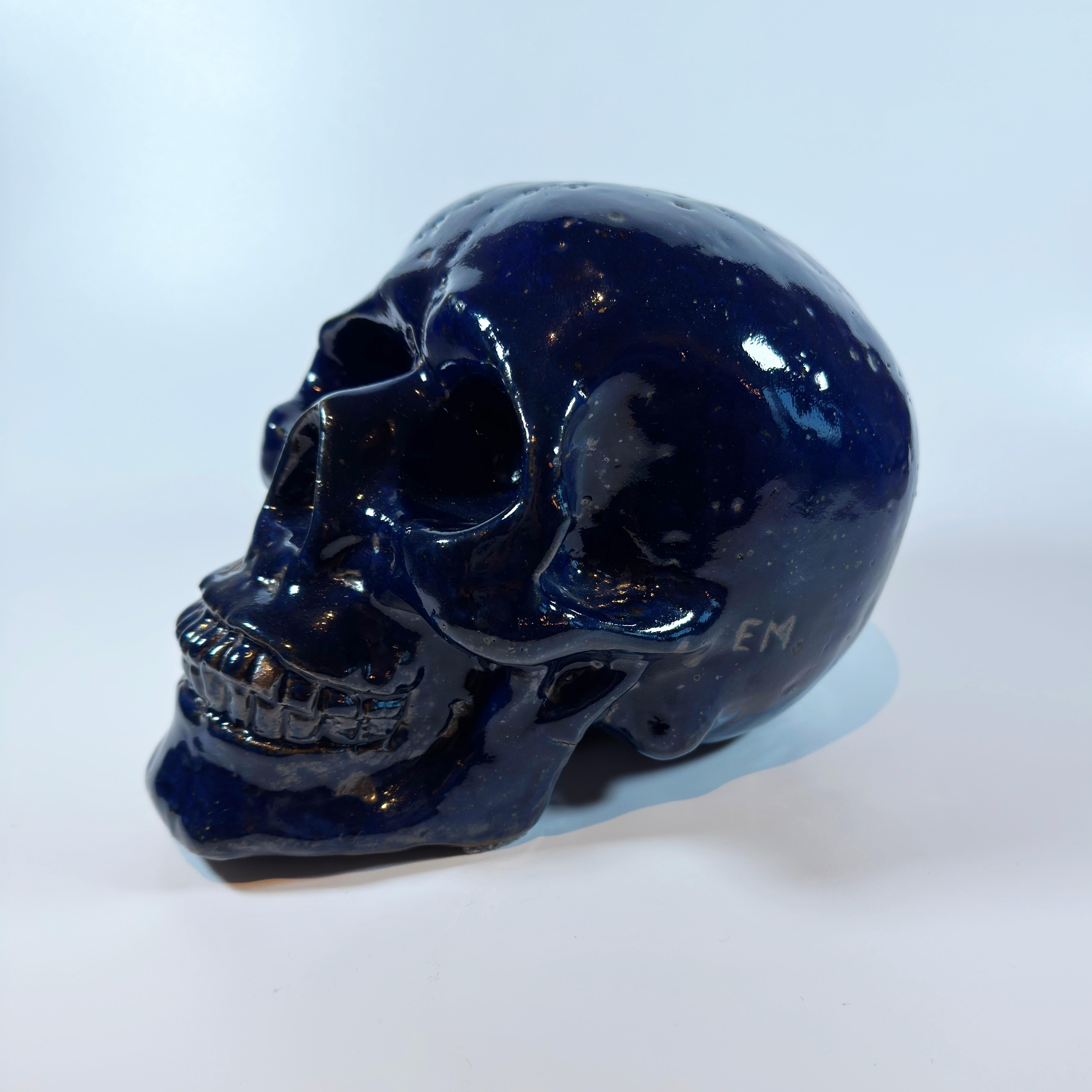 British E.M - Modern, Cast Metal Skull, Sculpture, Blue Glazed Finished - Memento Mori