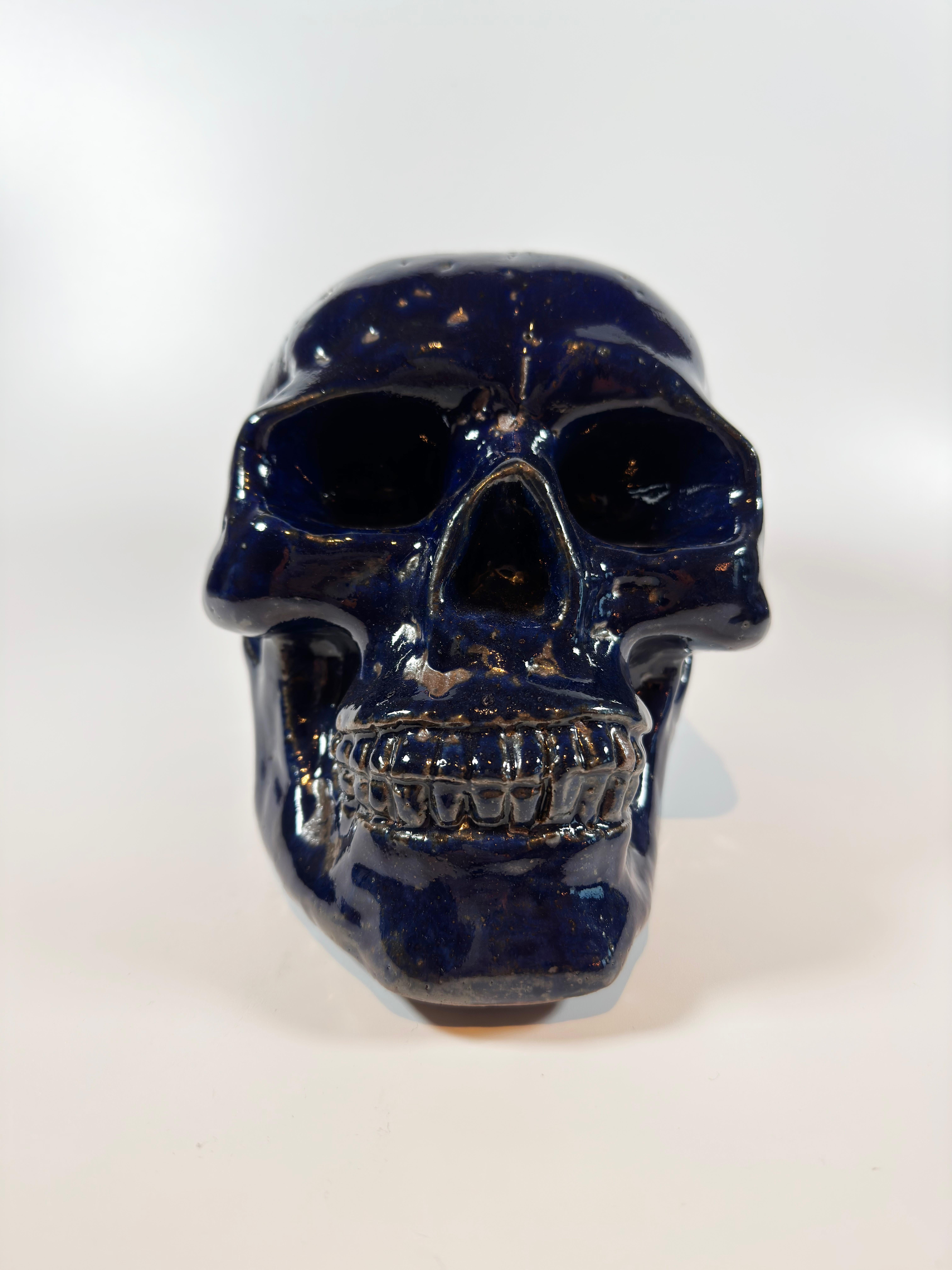 E.M - Modern, Cast Metal Skull, Sculpture, Blue Glazed Finished - Memento Mori In Good Condition In Glasgow, GB