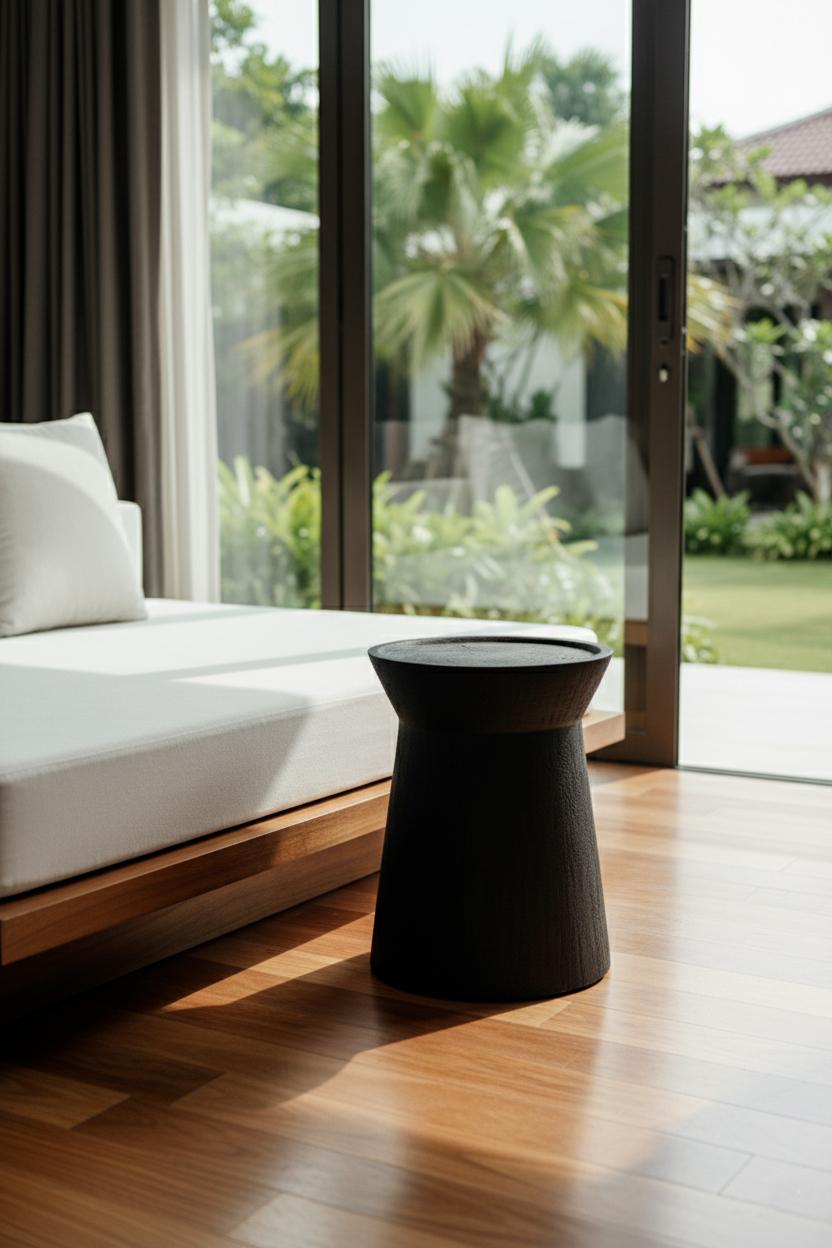 Bois Table d'appoint EM, finition Rough Black Monkey Pod en vente