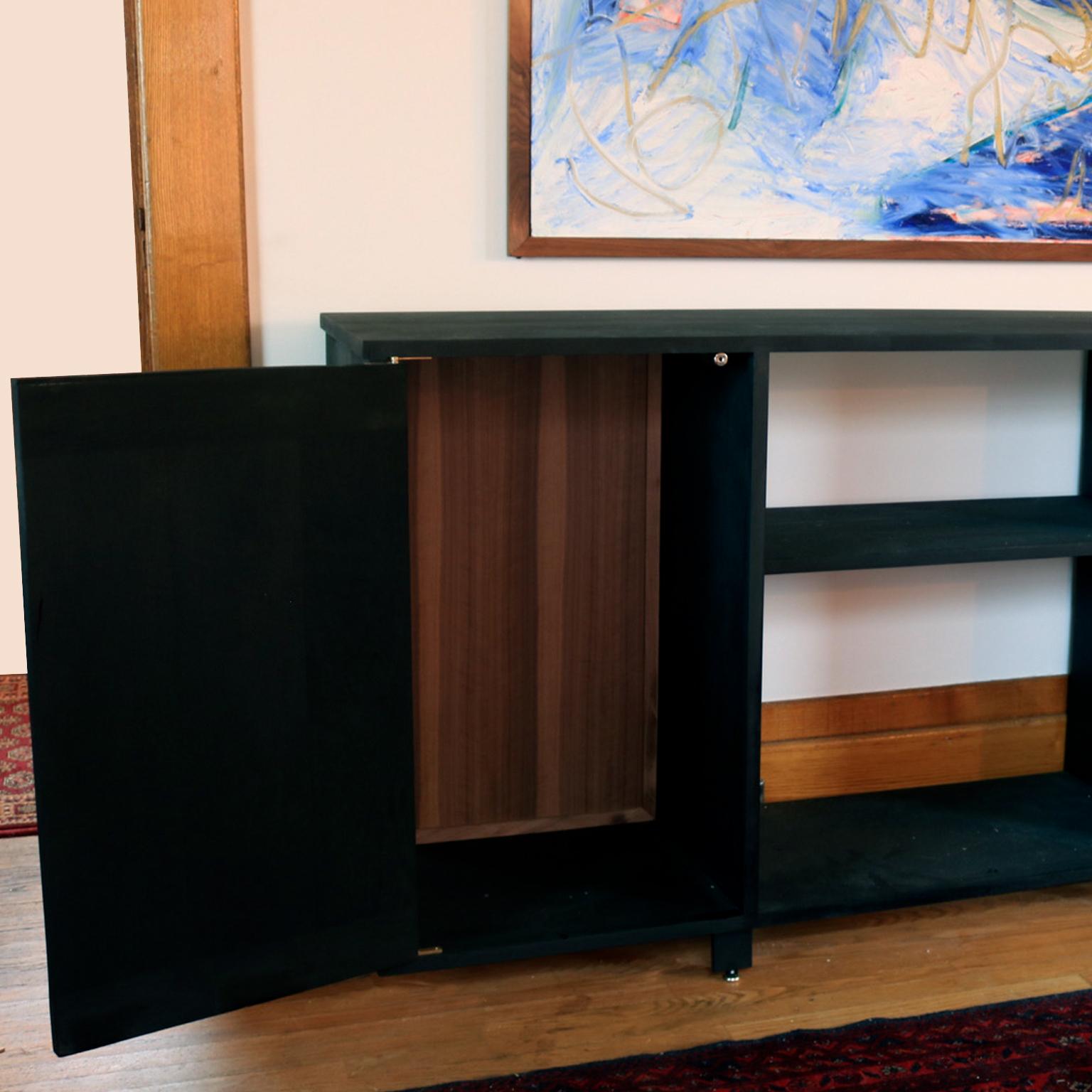 Stained EM Solid Walnut Black Credenza with Brass Hardware For Sale