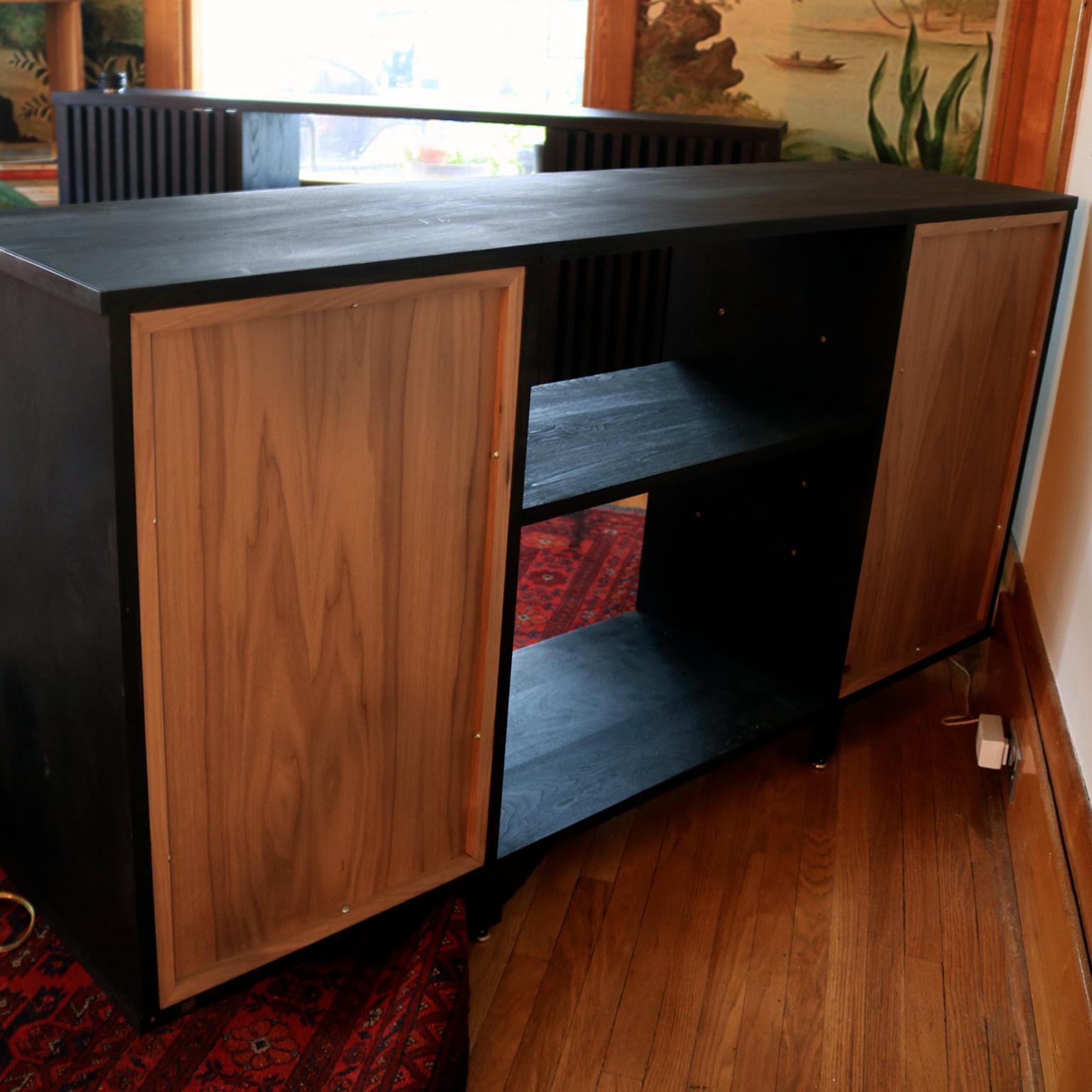 Contemporary EM Solid Walnut Black Credenza with Brass Hardware For Sale