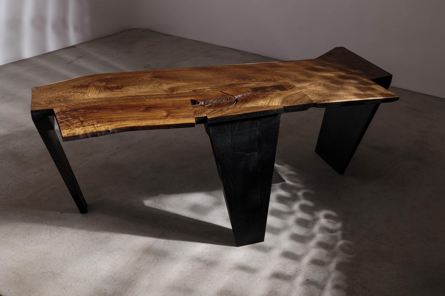 EM207 desk by Eero Moss
One of a kind
Dimensions; W 215 x D 76 x H 75 cm
Materials: Walnut, ash, India ink.
Finish: Natural oils.

18 Brut Collection

The latest collection by the artist is a tribute to the brutalist movement, infused with the power