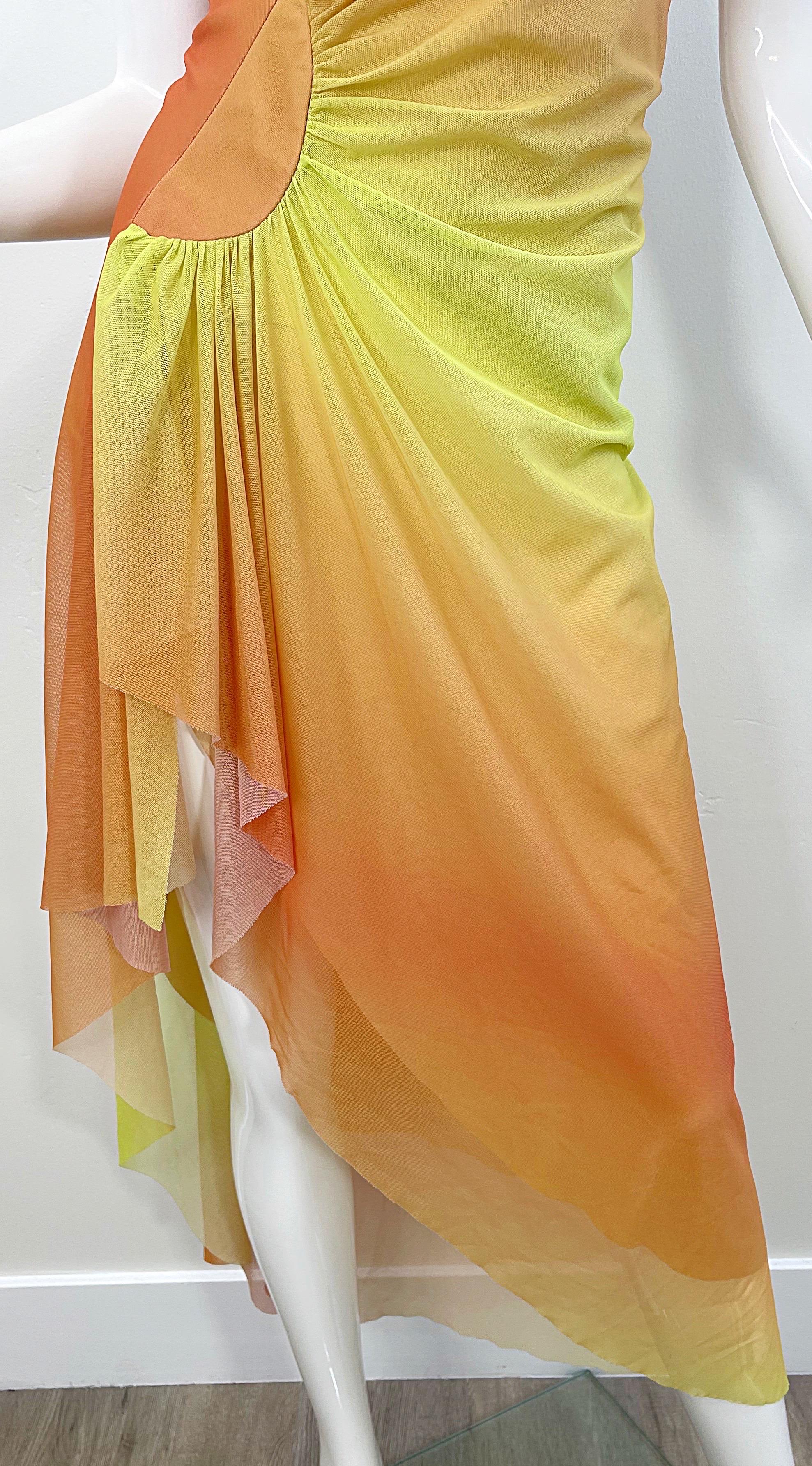 Ema Savahl 2000s Hand Dyed Ombré Orange Yellow Sexy Hi-Lo Halter Dress Y2K For Sale 2