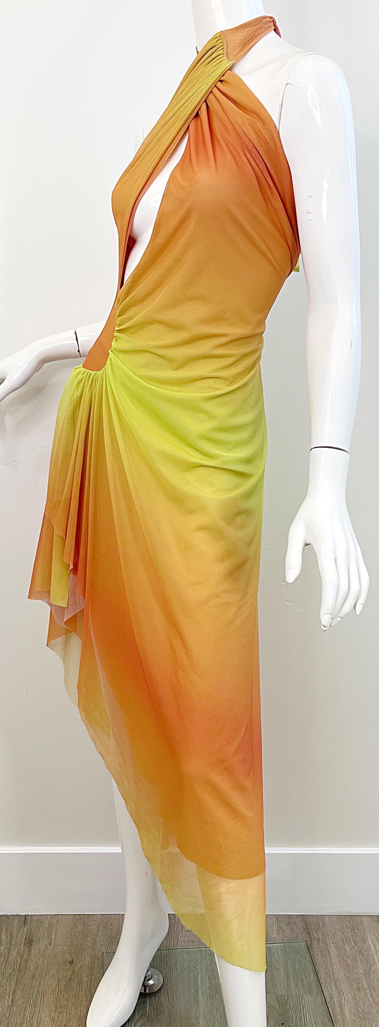 Ema Savahl 2000s Hand Dyed Ombré Orange Yellow Sexy Hi-Lo Halter Dress Y2K For Sale 3