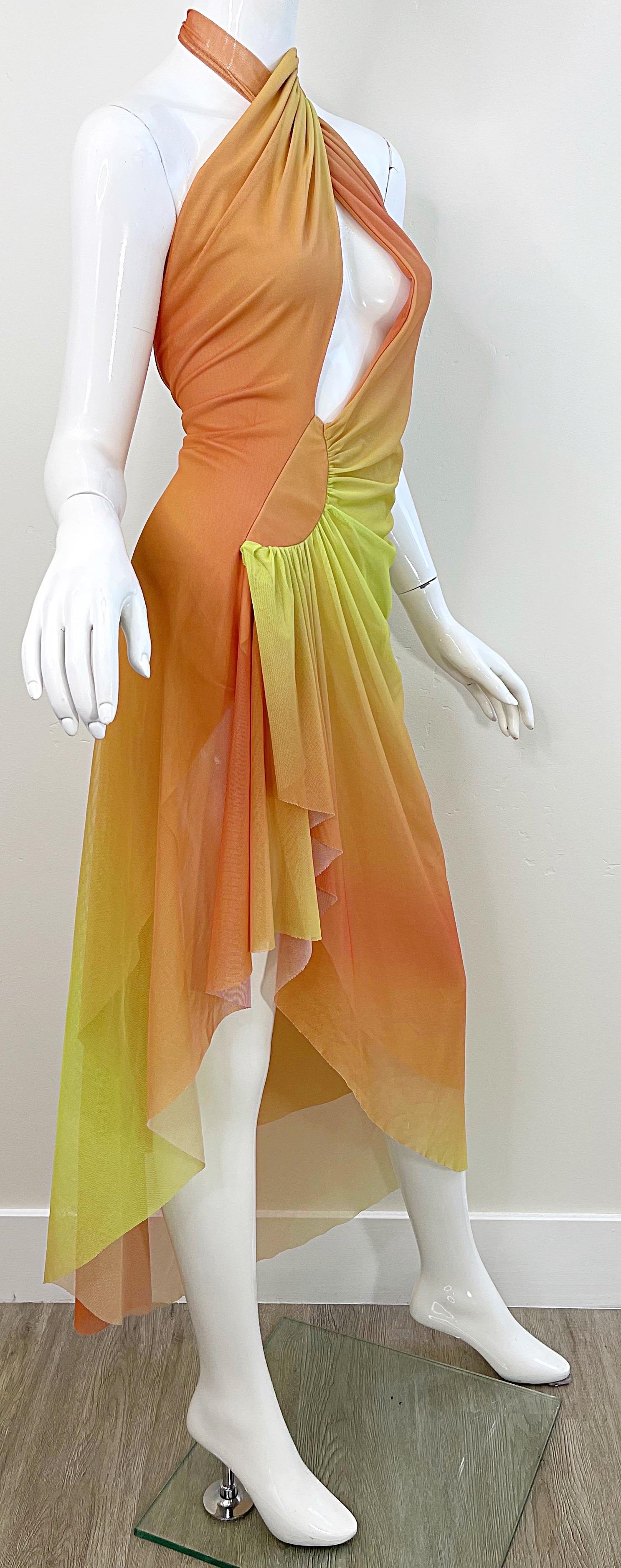 Ema Savahl 2000s Hand Dyed Ombré Orange Yellow Sexy Hi-Lo Halter Dress Y2K For Sale 5