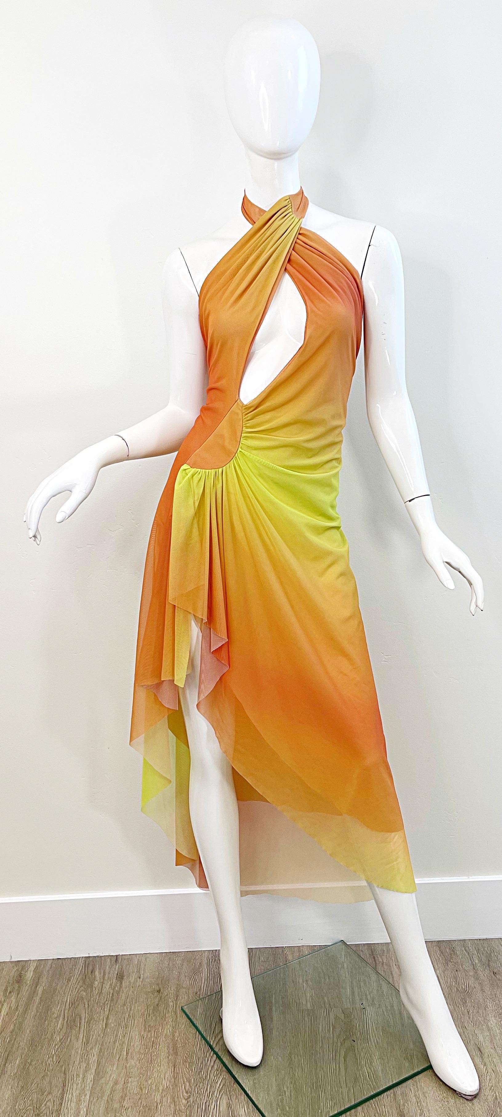 Ema Savahl 2000s Hand Dyed Ombré Orange Yellow Sexy Hi-Lo Halter Dress Y2K For Sale 7