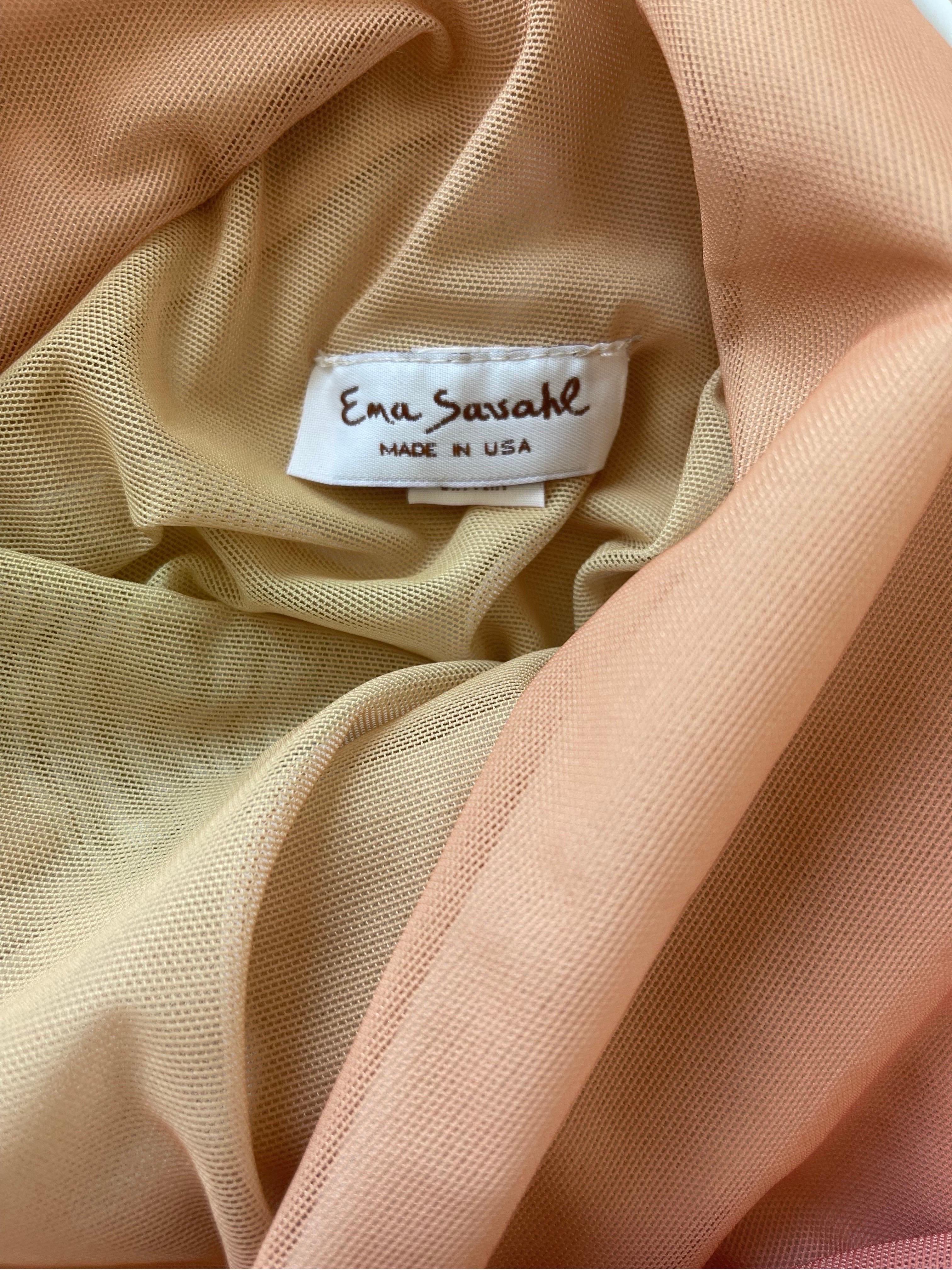 Sexy early 2000s vintage EMA SAVAHL hand dyed ombré orange and neon yellow hi-lo halter mesh dress ! 
Paris Hilton famously wore an Ema Savahl ensemble to the MTV movie awards in 2002. 
This rare gem simply slips on and ties around the neck.
