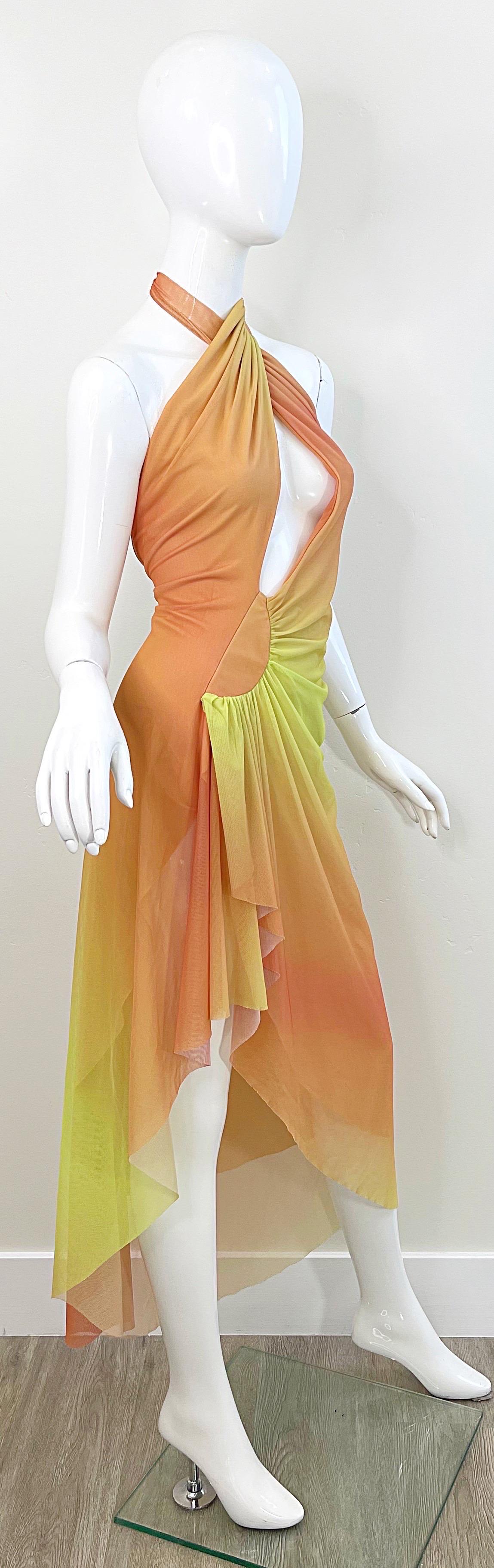 Ema Savahl 2000s Hand Dyed Ombré Orange Yellow Sexy Hi-Lo Halter Dress Y2K In Excellent Condition For Sale In San Diego, CA