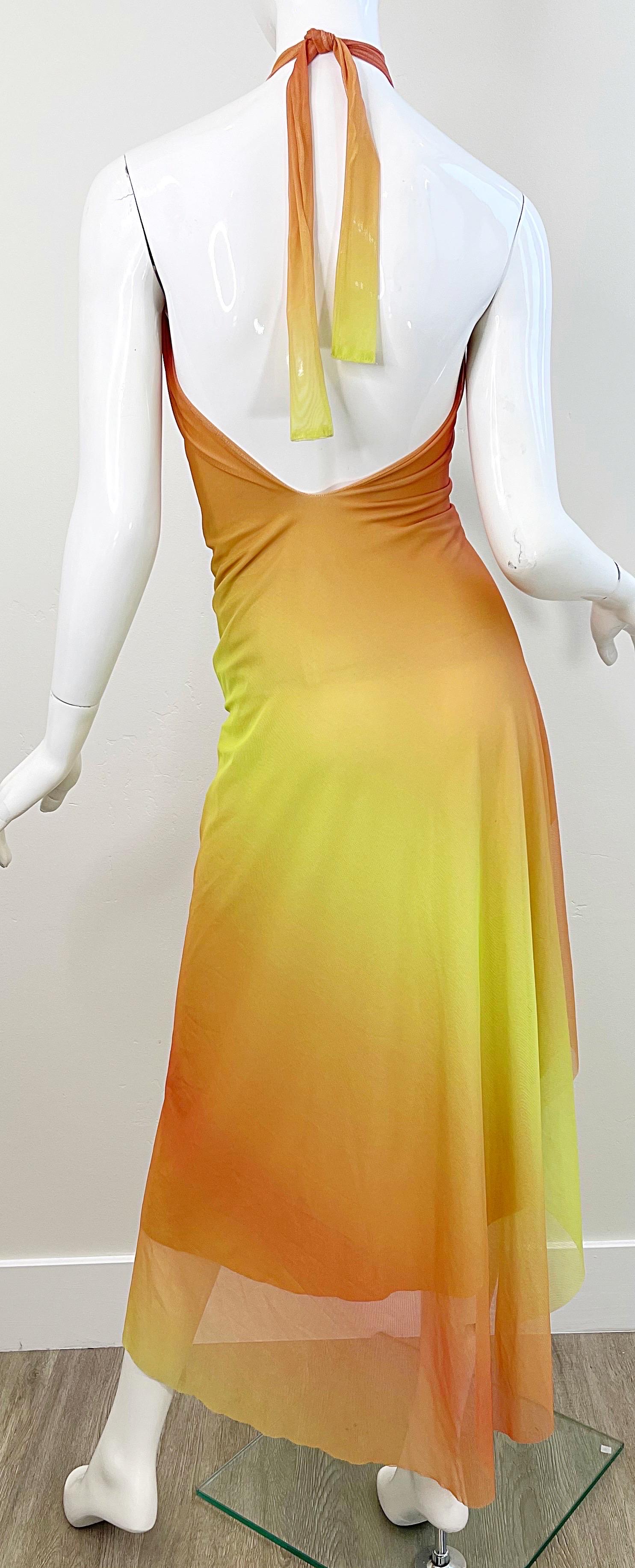 Ema Savahl 2000s Hand Dyed Ombré Orange Yellow Sexy Hi-Lo Halter Dress Y2K For Sale 1