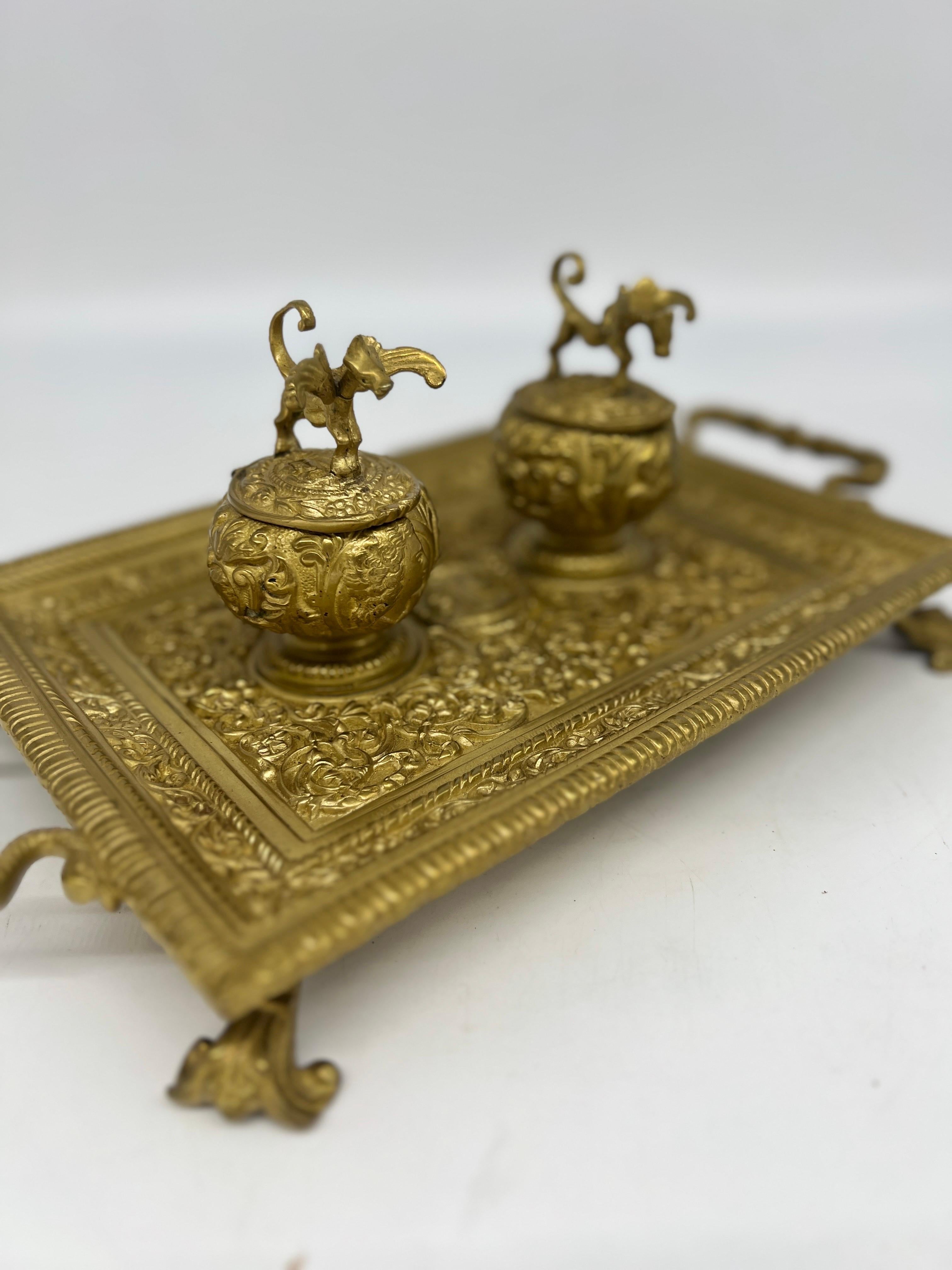 Rococo Emancipation Proclamation Inkstand - 19th Century Heavily Chased Brass For Sale