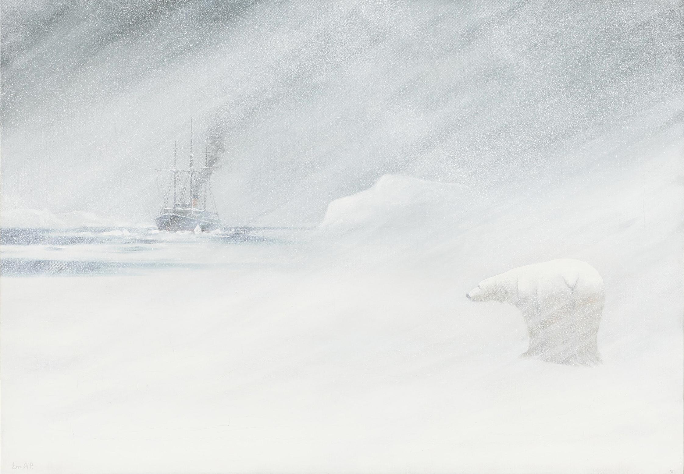 Polarbär in einem Schneestürm in Grünland – Painting von Emanuel A. Petersen