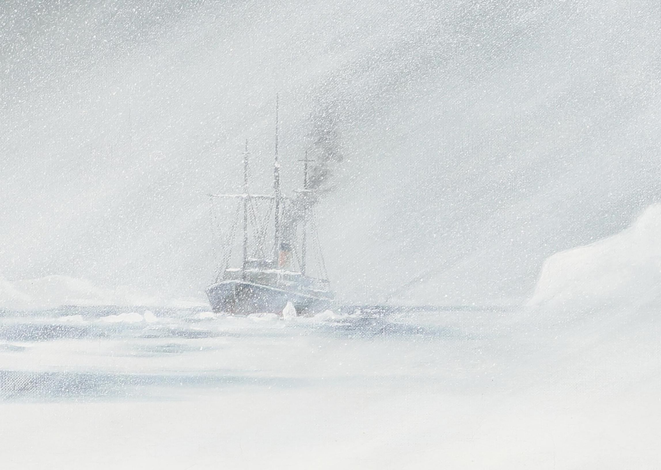 Polarbär in einem Schneestürm in Grünland (Grau), Animal Painting, von Emanuel A. Petersen