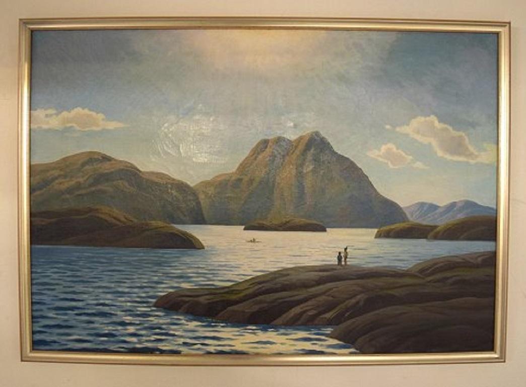 Emanuel A. Petersen (b. 1894, d. 1948). Upernavik, Greenland. Oil on canvas. Sunset over the bay.
Signed: Emanuel A. Petersen.
1930s-1940s.
In very good condition.
The canvas measures: 100 cm x 69 cm. The frame measures: 3 cm.