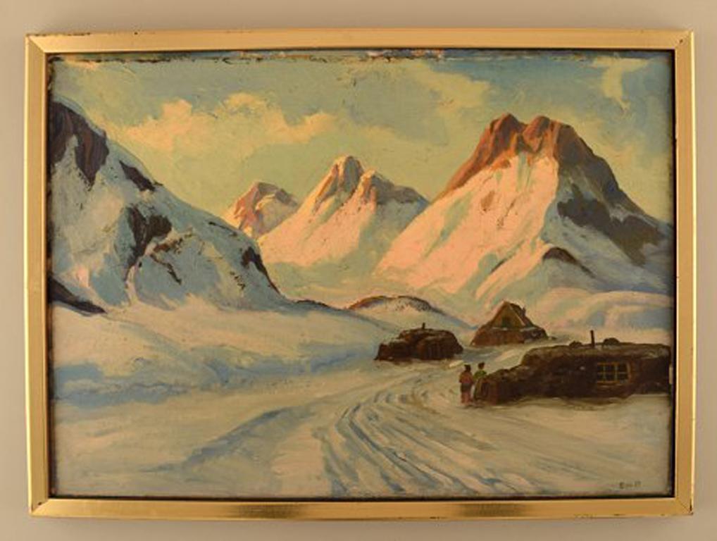 Emanuel A. Petersen (b. 1894, d. 1948). Greenlandic landscape. Oil on canvas.
Signed: EmAP for Emanuel A. Petersen.
1930 s.
In very good condition.
The canvas measures: 47 cm x 24 cm. The frame measures: 2,5 cm.