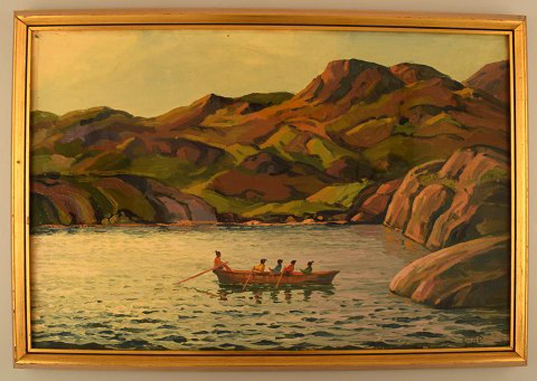 Emanuel A. Petersen (b. 1894, d. 1948). Umiak ‘women's boat’ in Greenlandic fjord. Oil on canvas.
Signed: EmAP for Emanuel A. Petersen.
1930s.
In very good condition.
The canvas measures: 56 cm x 47 cm. The frame measures: 3 cm.