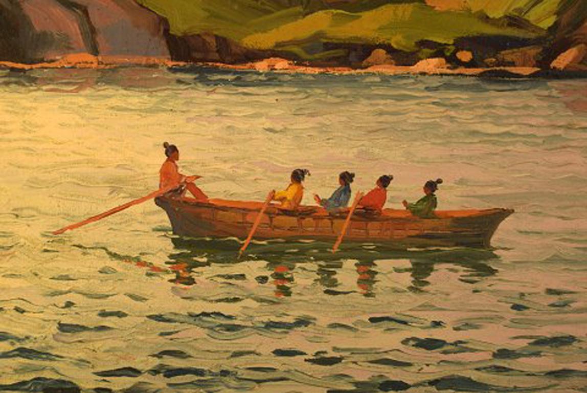 Danish Emanuel A. Petersen, Umiak in Greenlandic Fjord, Oil, Canvas