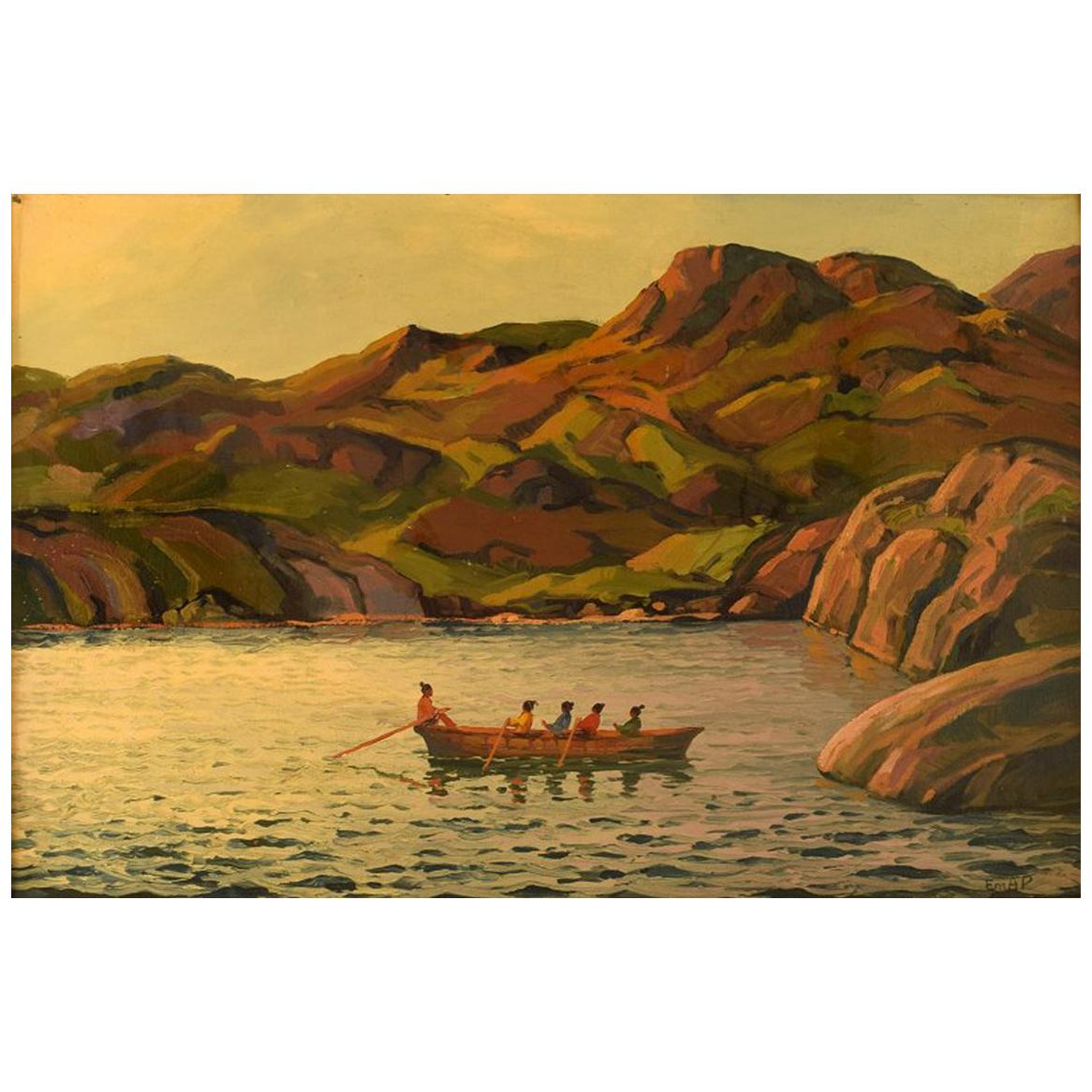Emanuel A. Petersen, Umiak in Greenlandic Fjord, Oil, Canvas