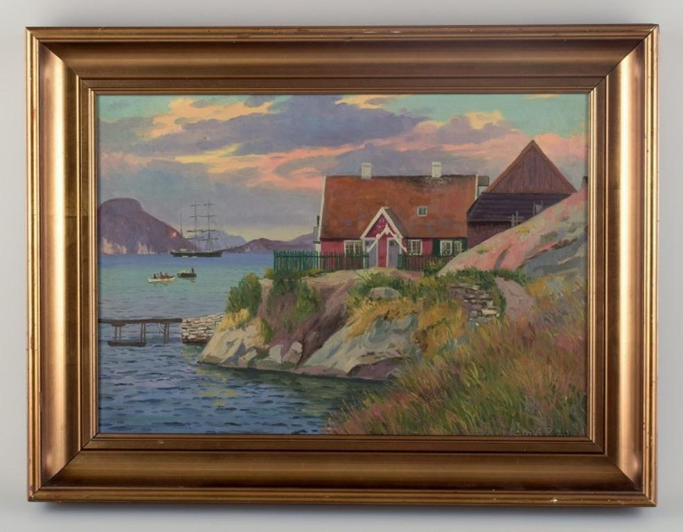 Emanuel Aage Petersen (1894-1948). 
Peinture à l'huile sur toile.
Village groenlandais. En arrière-plan, le navire royal danois.
1923.
En parfait état.
Dimensions : 42,0 x 29,5 cm : 42,0 x 29,5 cm.
Dimensions totales avec le cadre : 51,5 x 39,0 cm.