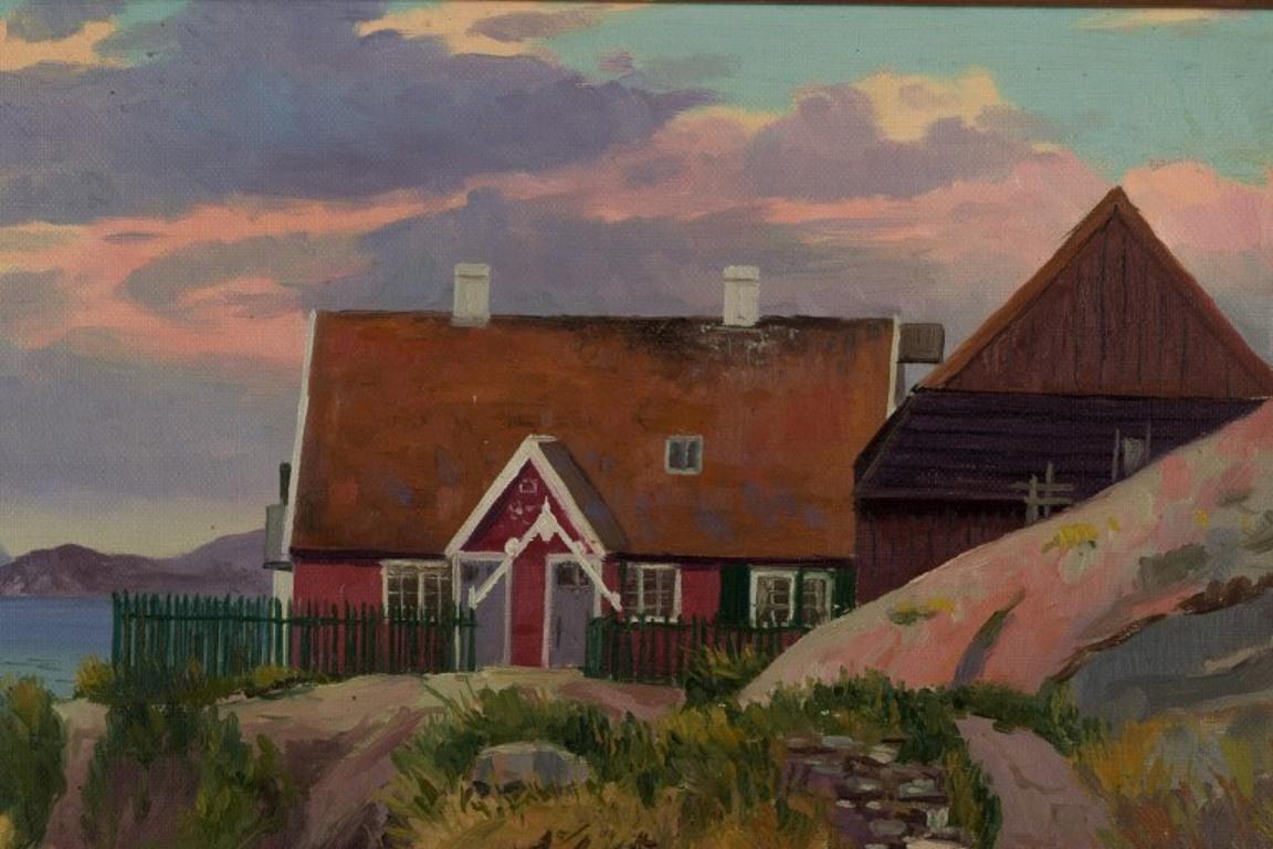 Danois Emanuel Aage Petersen (1894-1948). Peinture à l'huile sur toile. Village groenlandais.  en vente