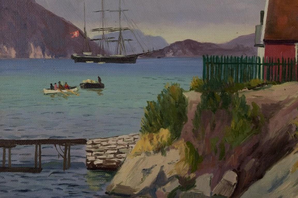 Emanuel Aage Petersen (1894-1948). Oil painting on canvas. Greenlandic village.  In Excellent Condition For Sale In Copenhagen, DK