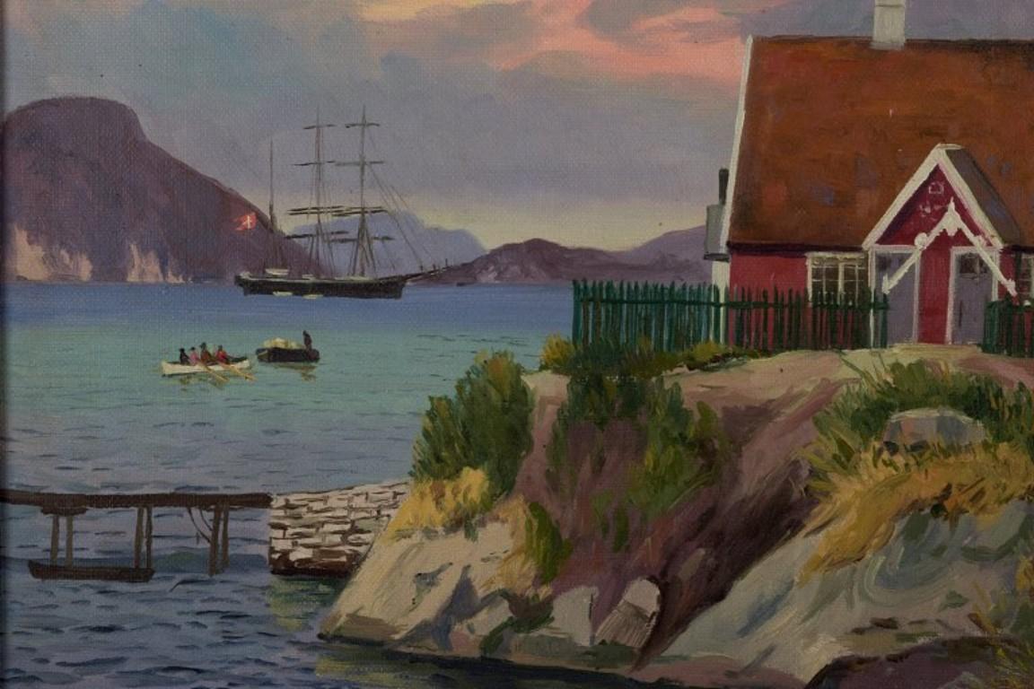 Début du 20ème siècle Emanuel Aage Petersen (1894-1948). Peinture à l'huile sur toile. Village groenlandais.  en vente
