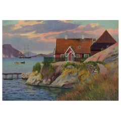 Antique Emanuel Aage Petersen (1894-1948). Oil painting on canvas. Greenlandic village.