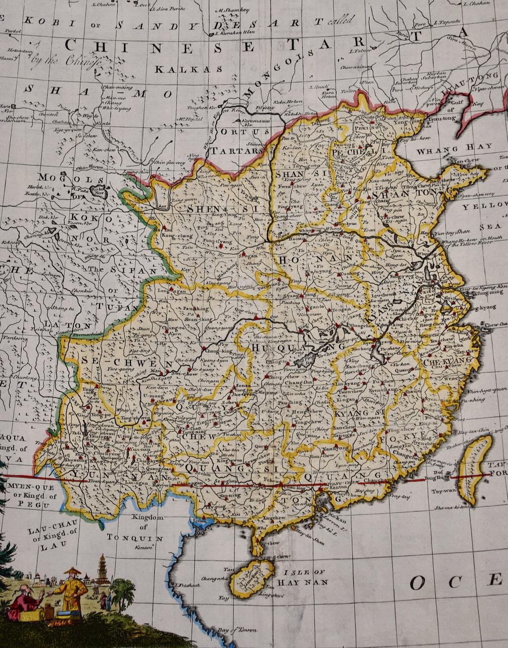 Chine : une carte originale du 18e siècle colorée à la main par E. Bowen - Maîtres anciens Print par Emanuel Bowen