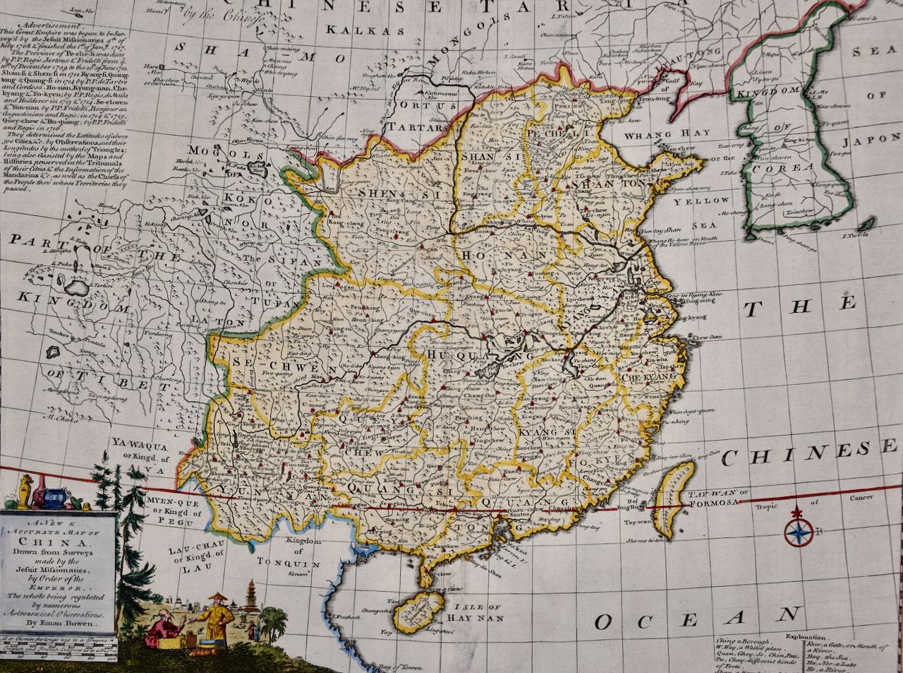 Chine : une carte originale du 18e siècle colorée à la main par E. Bowen - Gris Print par Emanuel Bowen