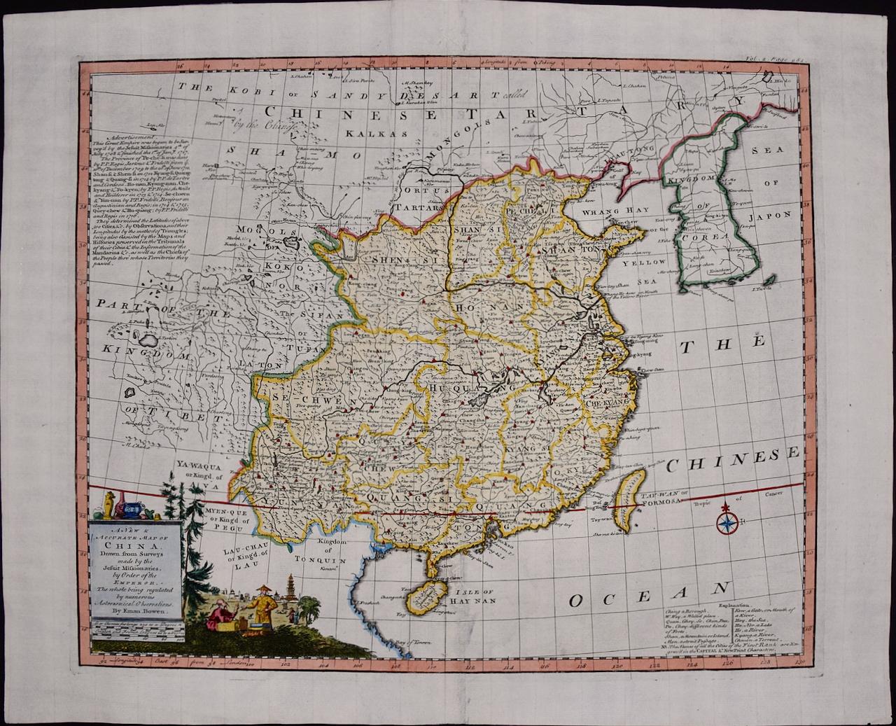 Print Emanuel Bowen - Chine : une carte originale du 18e siècle colorée à la main par E. Bowen