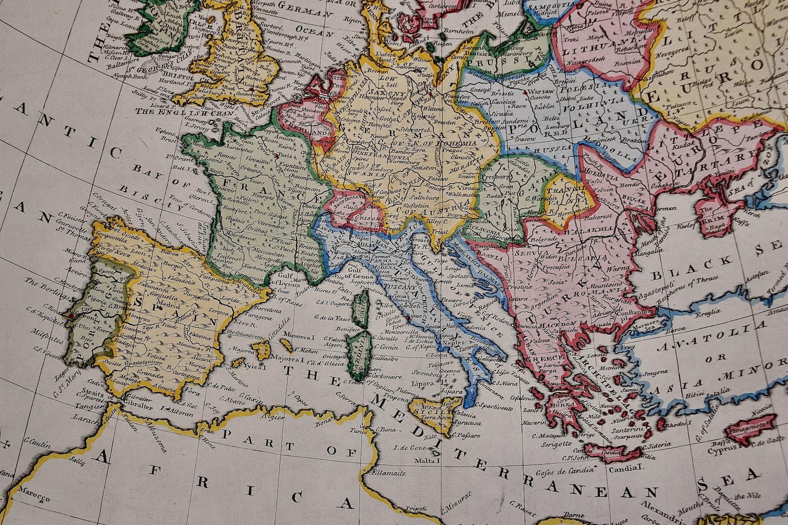 Europe : une carte originale du 18e siècle colorée à la main par E. Bowen - Maîtres anciens Print par Emanuel Bowen