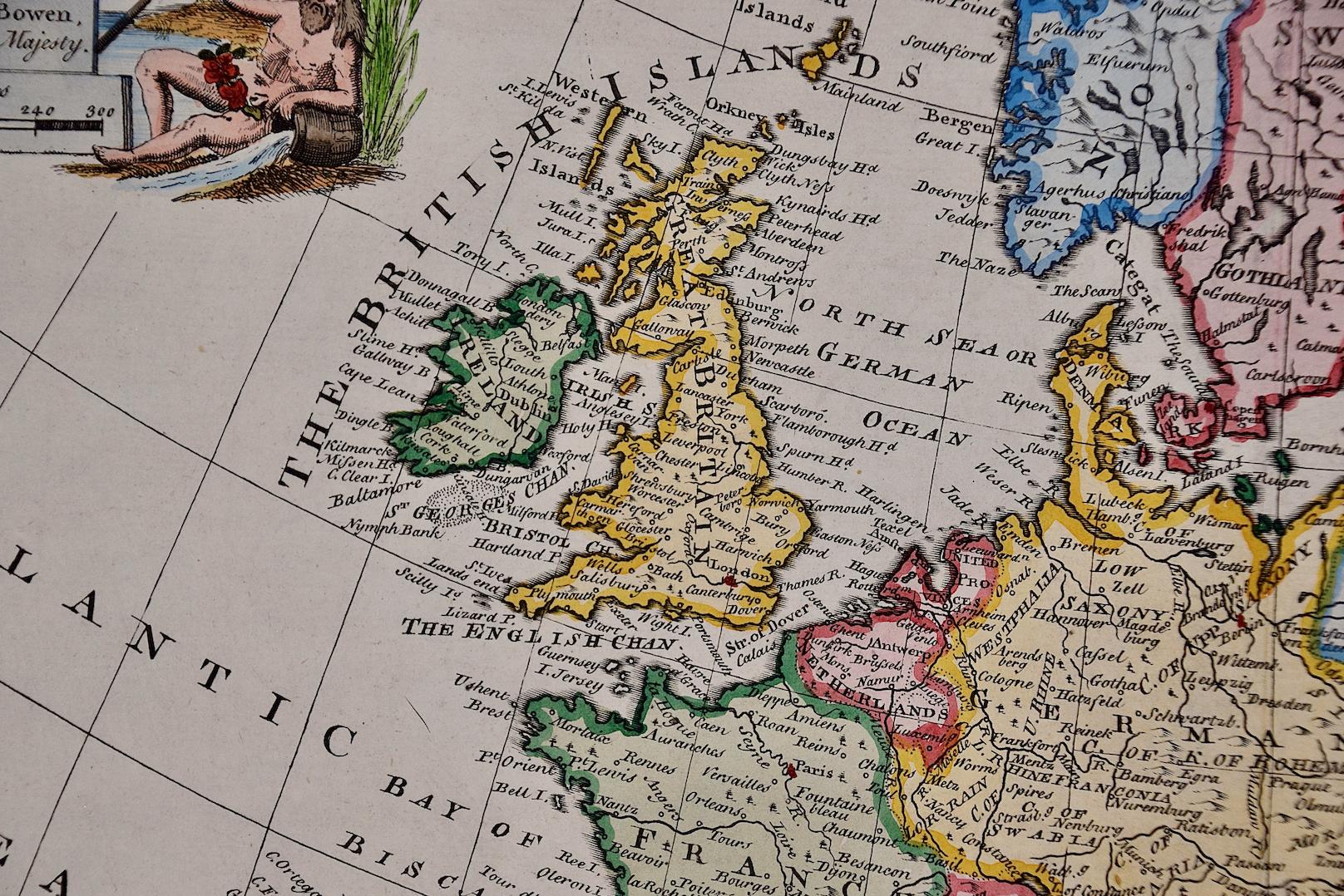Europe: An Original 18th Century Hand-colored Map by E. Bowen - Gray Print by Emanuel Bowen