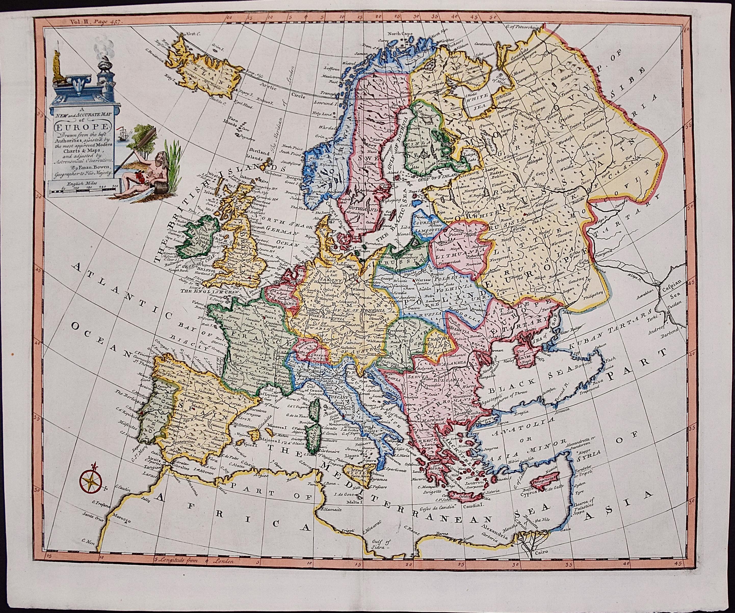 Emanuel Bowen Print - Europe: An Original 18th Century Hand-colored Map by E. Bowen