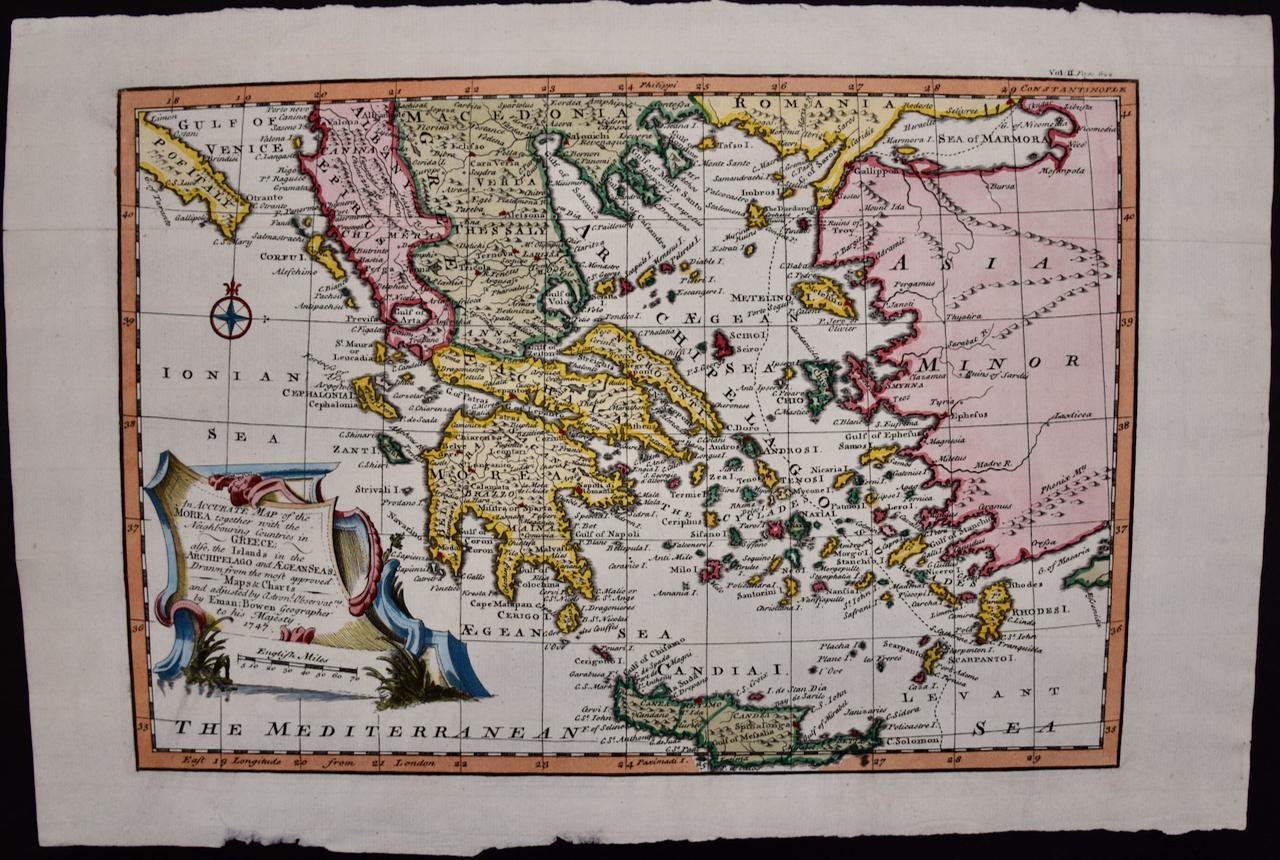 Mainland Greece & Islands: An Original 18th Century Hand-colored Map by Bowen - Print by Emanuel Bowen